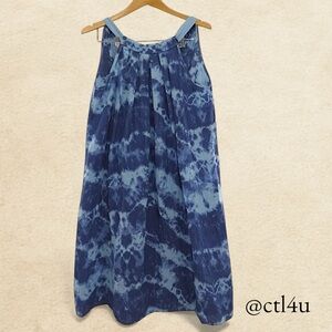 Bellambra Blue Tie Dye Italian Linen Midi Dress Size L Boho Coastal Vacay Style